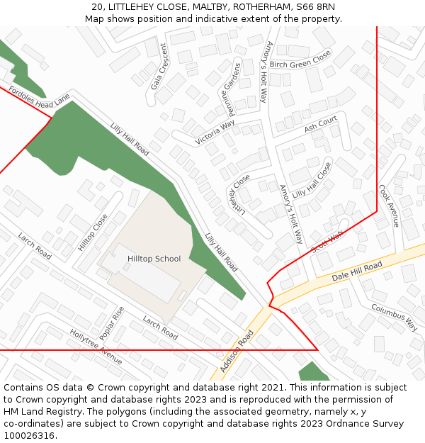 20, LITTLEHEY CLOSE, MALTBY, ROTHERHAM, S66 8RN: Location map and indicative extent of plot