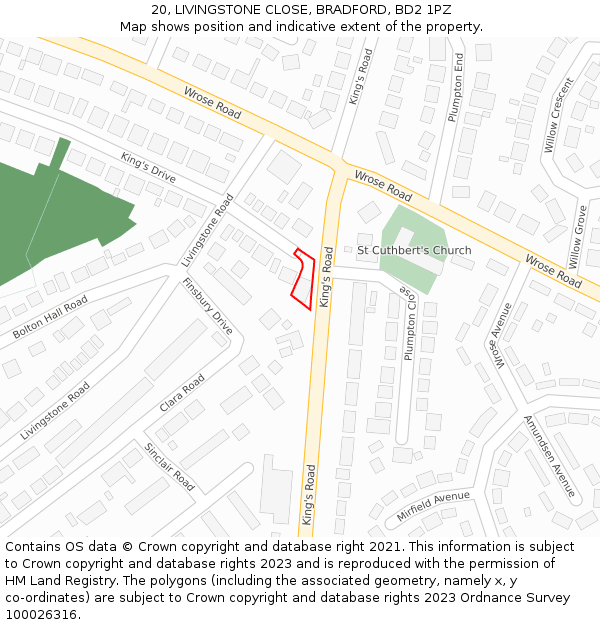 20, LIVINGSTONE CLOSE, BRADFORD, BD2 1PZ: Location map and indicative extent of plot
