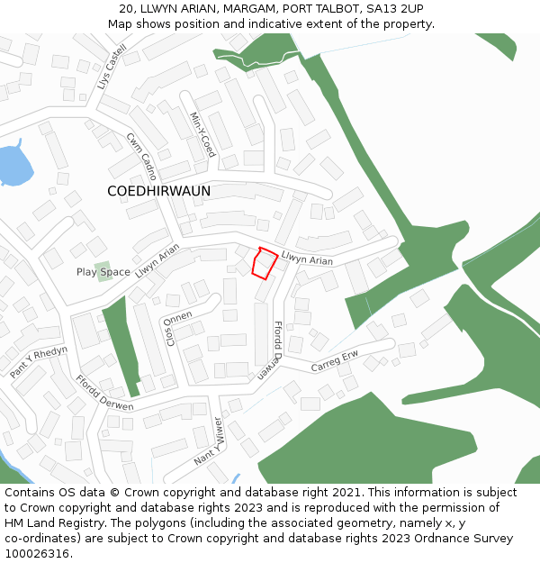 20, LLWYN ARIAN, MARGAM, PORT TALBOT, SA13 2UP: Location map and indicative extent of plot