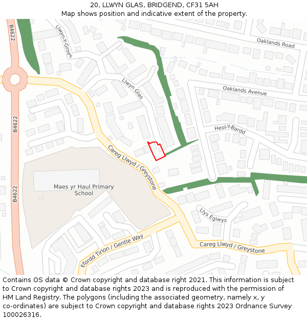 20, LLWYN GLAS, BRIDGEND, CF31 5AH: Location map and indicative extent of plot