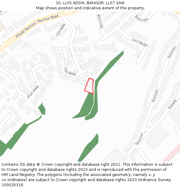 20, LLYS ADDA, BANGOR, LL57 2AW: Location map and indicative extent of plot