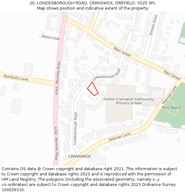20, LONDESBOROUGH ROAD, CRANSWICK, DRIFFIELD, YO25 9PL: Location map and indicative extent of plot