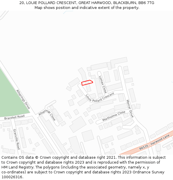 20, LOUIE POLLARD CRESCENT, GREAT HARWOOD, BLACKBURN, BB6 7TG: Location map and indicative extent of plot