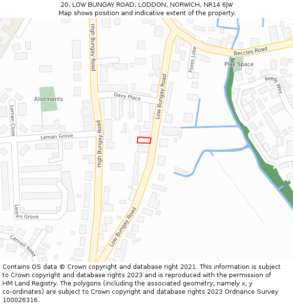 20, LOW BUNGAY ROAD, LODDON, NORWICH, NR14 6JW: Location map and indicative extent of plot