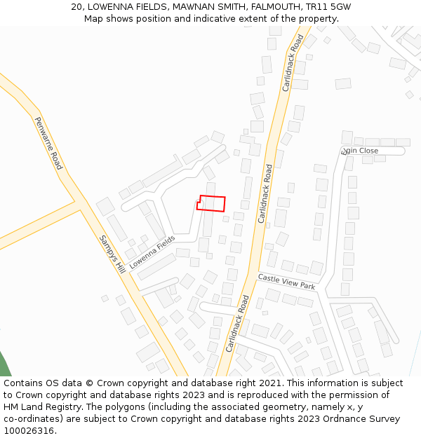 20, LOWENNA FIELDS, MAWNAN SMITH, FALMOUTH, TR11 5GW: Location map and indicative extent of plot