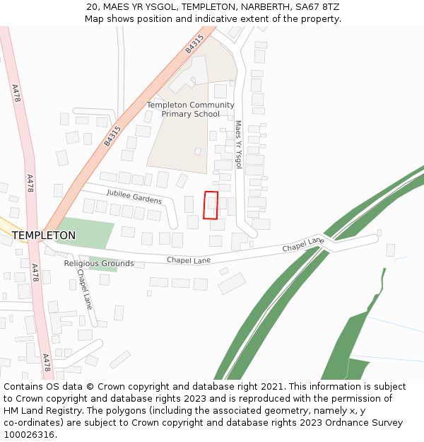 20, MAES YR YSGOL, TEMPLETON, NARBERTH, SA67 8TZ: Location map and indicative extent of plot