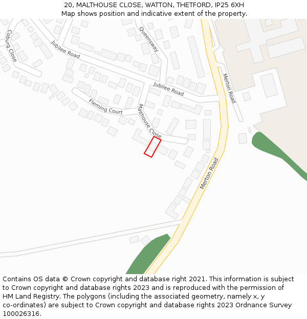 20, MALTHOUSE CLOSE, WATTON, THETFORD, IP25 6XH: Location map and indicative extent of plot