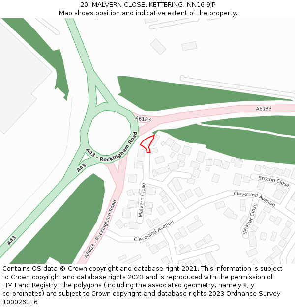 20, MALVERN CLOSE, KETTERING, NN16 9JP: Location map and indicative extent of plot