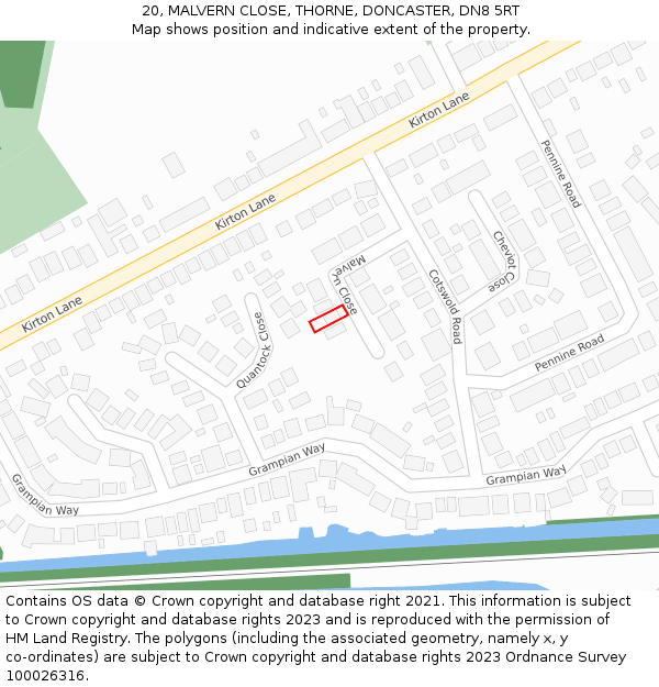 20, MALVERN CLOSE, THORNE, DONCASTER, DN8 5RT: Location map and indicative extent of plot