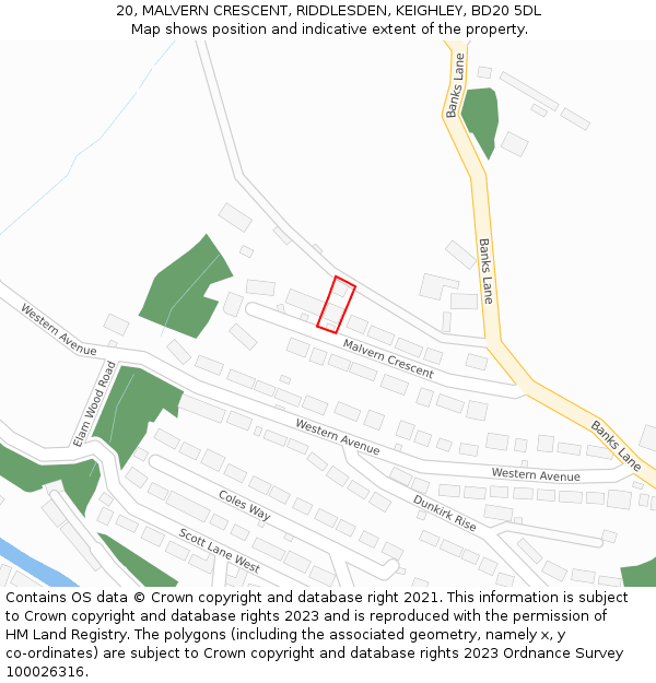 20, MALVERN CRESCENT, RIDDLESDEN, KEIGHLEY, BD20 5DL: Location map and indicative extent of plot