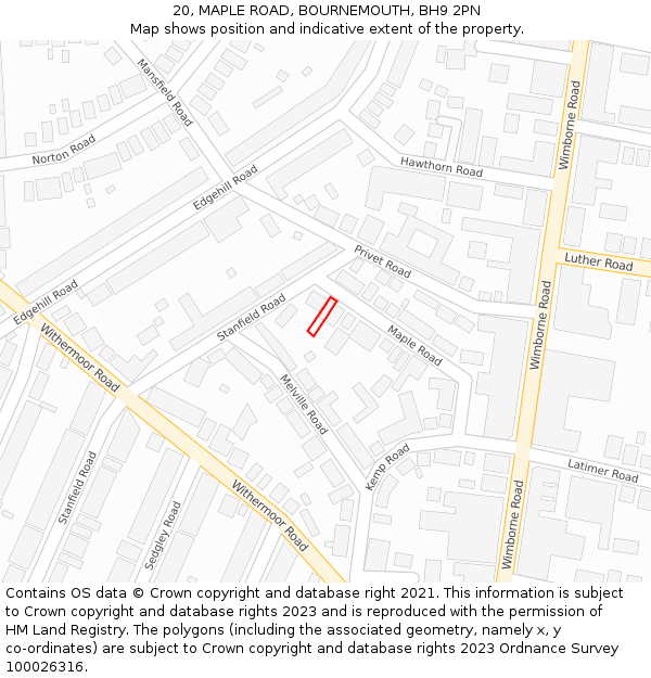 20, MAPLE ROAD, BOURNEMOUTH, BH9 2PN: Location map and indicative extent of plot