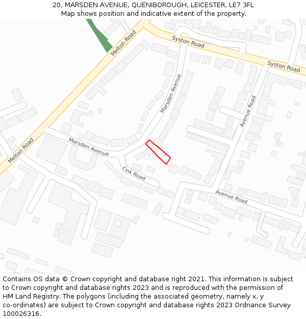 20, MARSDEN AVENUE, QUENIBOROUGH, LEICESTER, LE7 3FL: Location map and indicative extent of plot