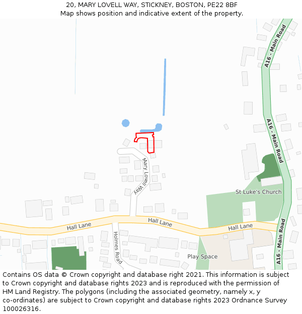 20, MARY LOVELL WAY, STICKNEY, BOSTON, PE22 8BF: Location map and indicative extent of plot