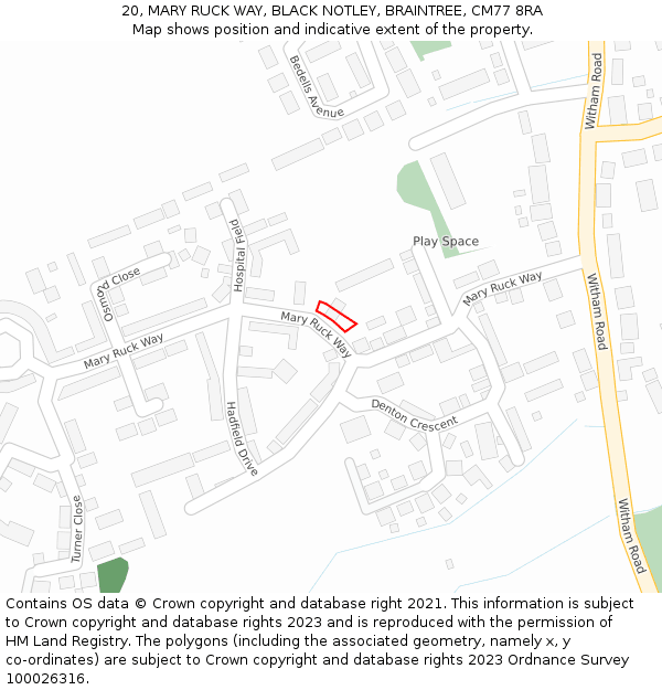20, MARY RUCK WAY, BLACK NOTLEY, BRAINTREE, CM77 8RA: Location map and indicative extent of plot