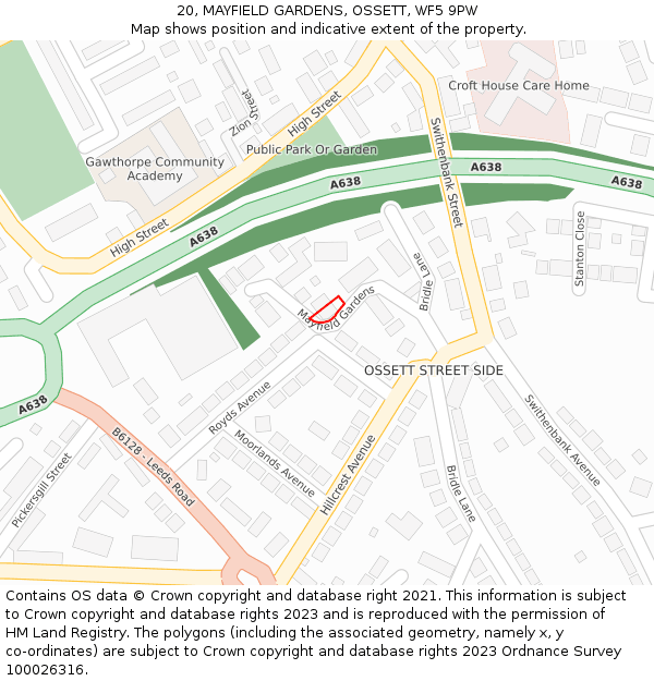 20, MAYFIELD GARDENS, OSSETT, WF5 9PW: Location map and indicative extent of plot