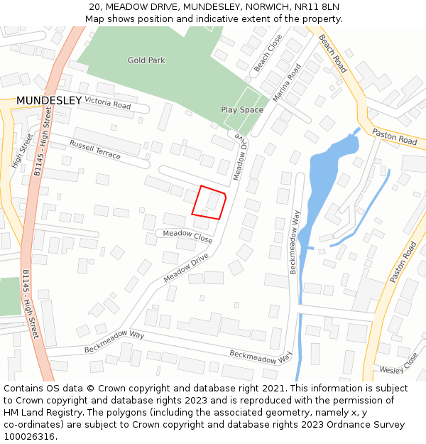 20, MEADOW DRIVE, MUNDESLEY, NORWICH, NR11 8LN: Location map and indicative extent of plot