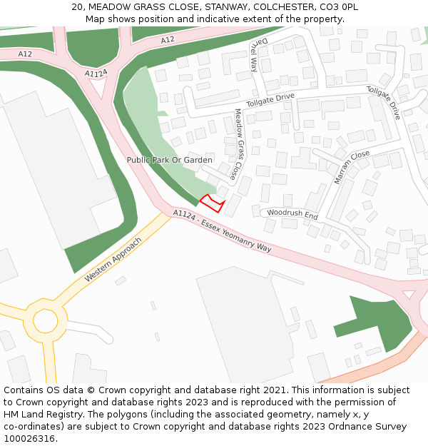 20, MEADOW GRASS CLOSE, STANWAY, COLCHESTER, CO3 0PL: Location map and indicative extent of plot