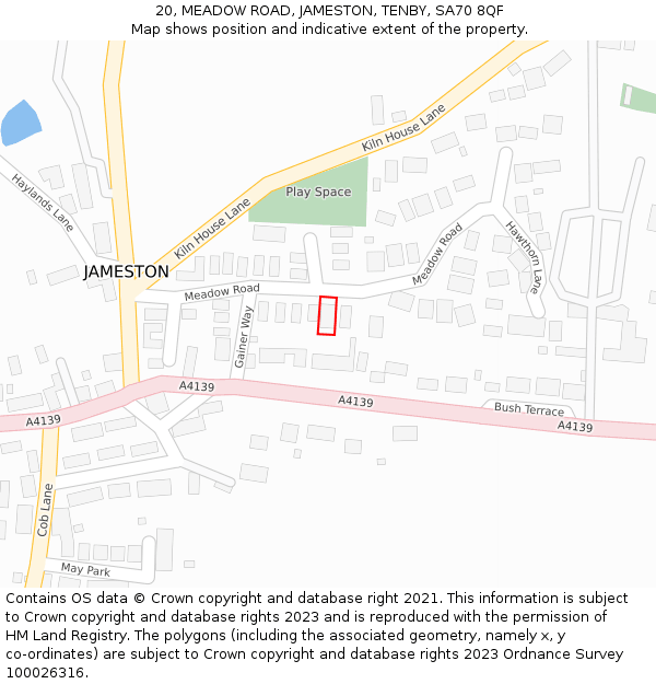 20, MEADOW ROAD, JAMESTON, TENBY, SA70 8QF: Location map and indicative extent of plot
