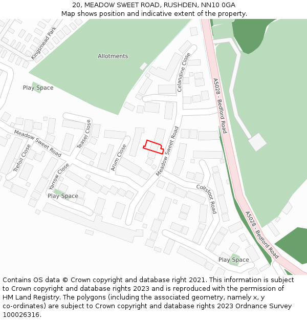 20, MEADOW SWEET ROAD, RUSHDEN, NN10 0GA: Location map and indicative extent of plot