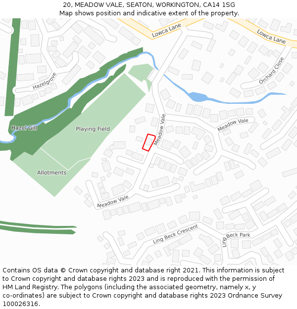 20, MEADOW VALE, SEATON, WORKINGTON, CA14 1SG: Location map and indicative extent of plot
