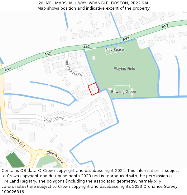 20, MEL MARSHALL WAY, WRANGLE, BOSTON, PE22 9AL: Location map and indicative extent of plot