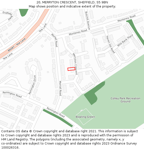 20, MERRYTON CRESCENT, SHEFFIELD, S5 9BN: Location map and indicative extent of plot