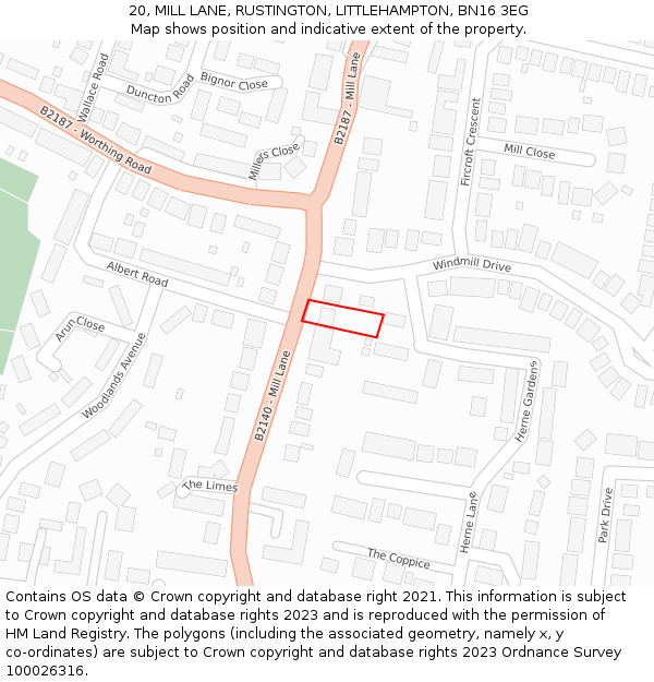 20, MILL LANE, RUSTINGTON, LITTLEHAMPTON, BN16 3EG: Location map and indicative extent of plot