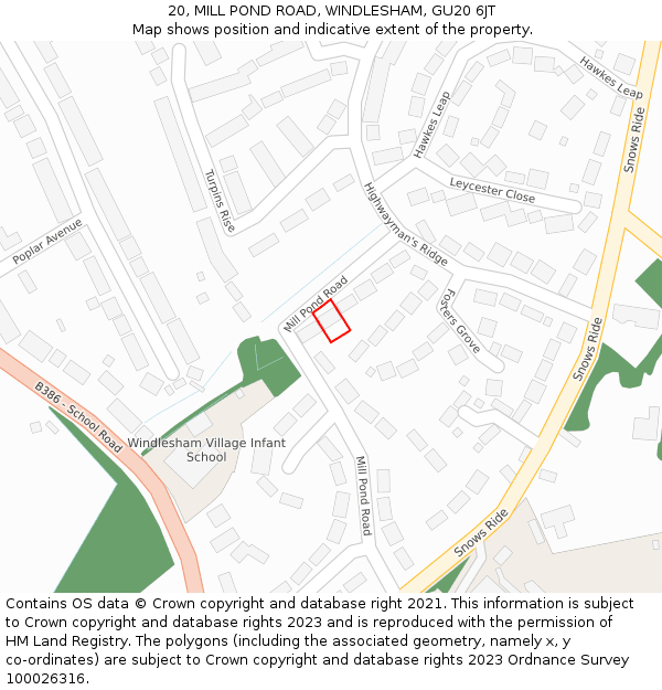 20, MILL POND ROAD, WINDLESHAM, GU20 6JT: Location map and indicative extent of plot
