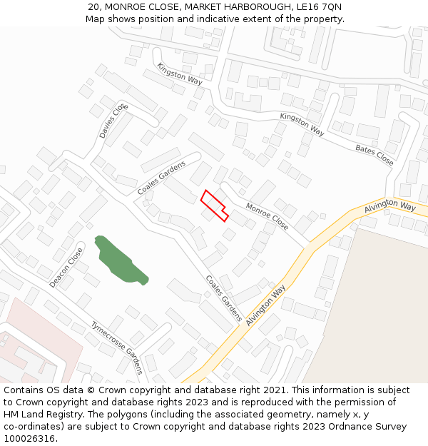 20, MONROE CLOSE, MARKET HARBOROUGH, LE16 7QN: Location map and indicative extent of plot