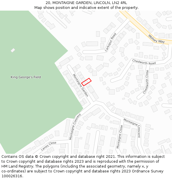 20, MONTAIGNE GARDEN, LINCOLN, LN2 4RL: Location map and indicative extent of plot