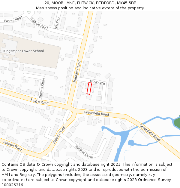 20, MOOR LANE, FLITWICK, BEDFORD, MK45 5BB: Location map and indicative extent of plot