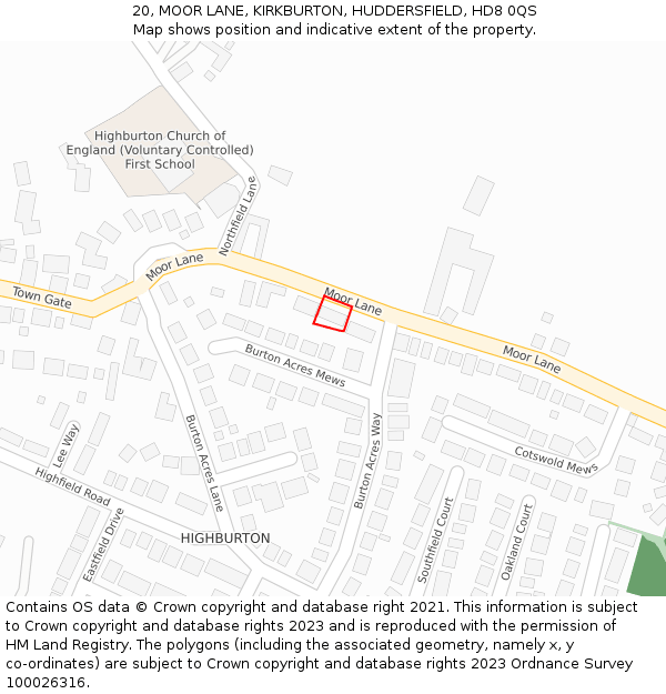 20, MOOR LANE, KIRKBURTON, HUDDERSFIELD, HD8 0QS: Location map and indicative extent of plot