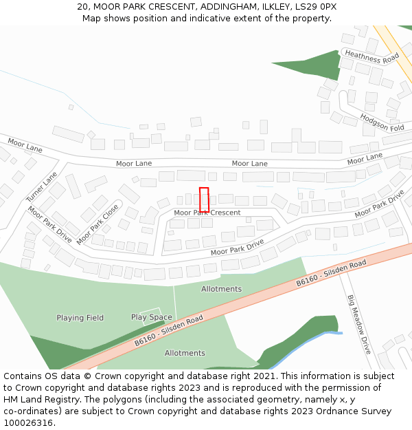 20, MOOR PARK CRESCENT, ADDINGHAM, ILKLEY, LS29 0PX: Location map and indicative extent of plot