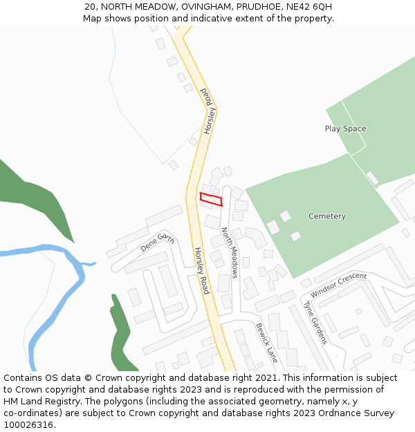 20, NORTH MEADOW, OVINGHAM, PRUDHOE, NE42 6QH: Location map and indicative extent of plot