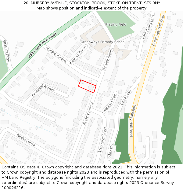 20, NURSERY AVENUE, STOCKTON BROOK, STOKE-ON-TRENT, ST9 9NY: Location map and indicative extent of plot