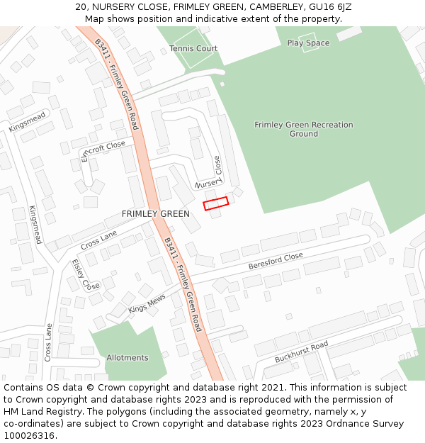 20, NURSERY CLOSE, FRIMLEY GREEN, CAMBERLEY, GU16 6JZ: Location map and indicative extent of plot