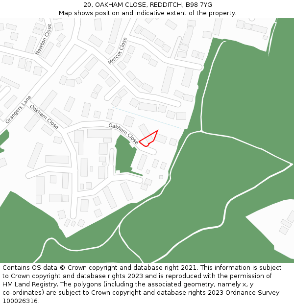 20, OAKHAM CLOSE, REDDITCH, B98 7YG: Location map and indicative extent of plot
