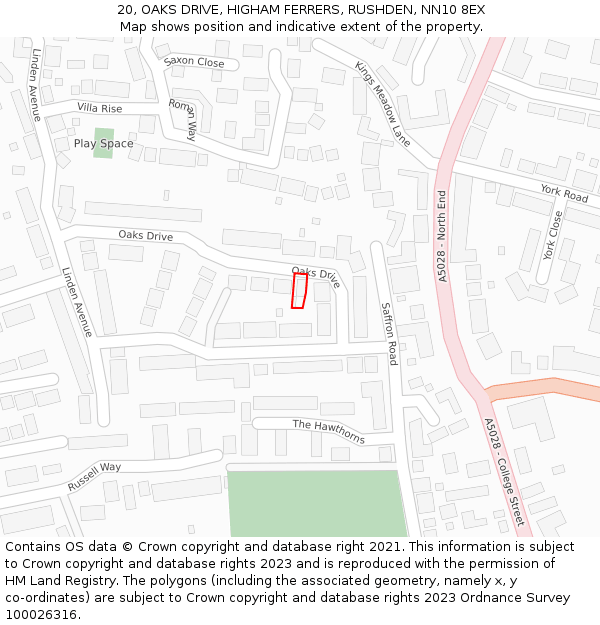 20, OAKS DRIVE, HIGHAM FERRERS, RUSHDEN, NN10 8EX: Location map and indicative extent of plot