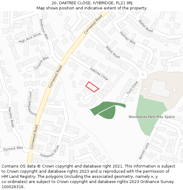 20, OAKTREE CLOSE, IVYBRIDGE, PL21 9RJ: Location map and indicative extent of plot