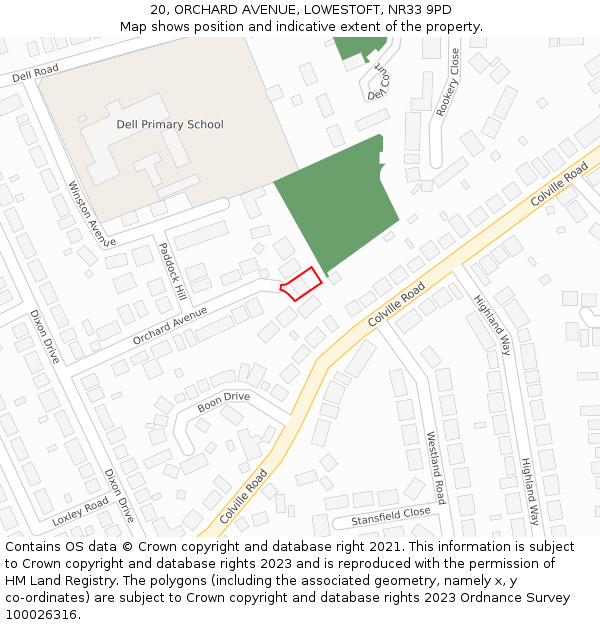 20, ORCHARD AVENUE, LOWESTOFT, NR33 9PD: Location map and indicative extent of plot