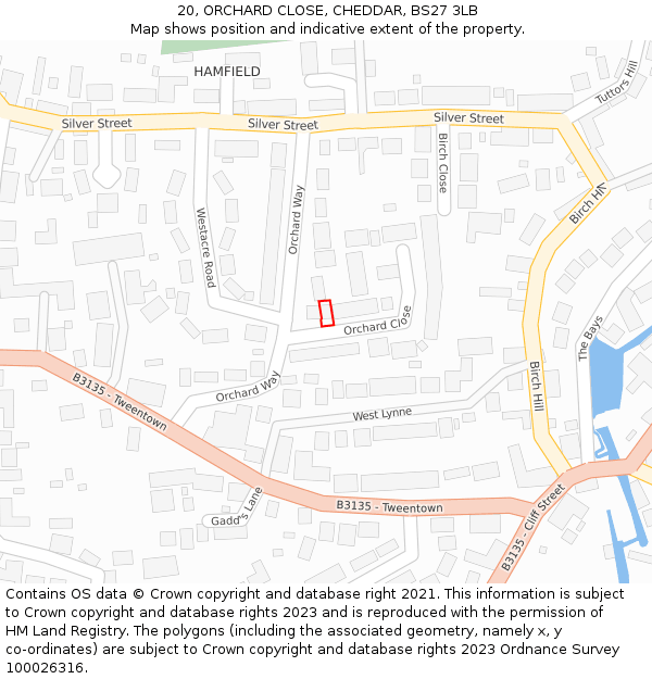 20, ORCHARD CLOSE, CHEDDAR, BS27 3LB: Location map and indicative extent of plot