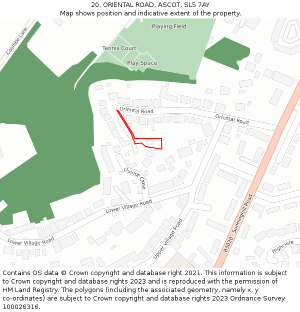 20, ORIENTAL ROAD, ASCOT, SL5 7AY: Location map and indicative extent of plot