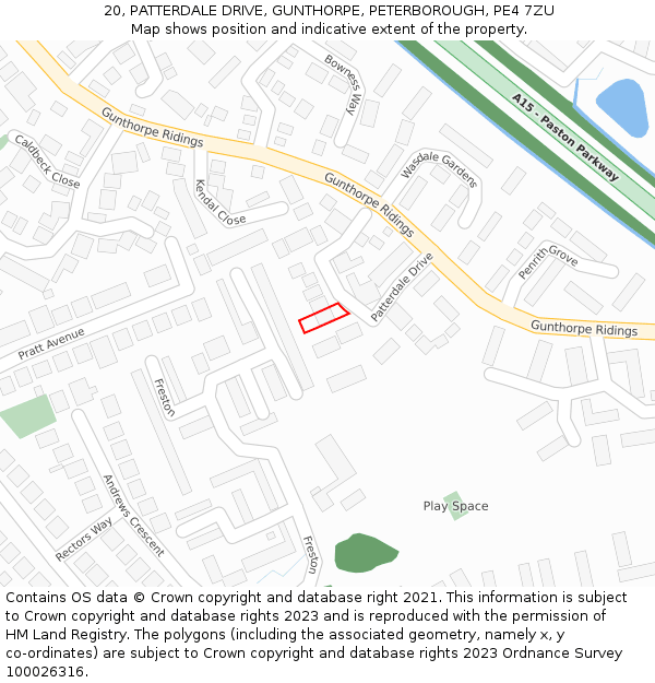 20, PATTERDALE DRIVE, GUNTHORPE, PETERBOROUGH, PE4 7ZU: Location map and indicative extent of plot