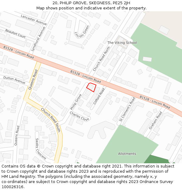20, PHILIP GROVE, SKEGNESS, PE25 2JH: Location map and indicative extent of plot