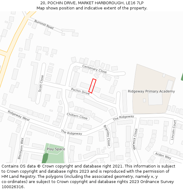 20, POCHIN DRIVE, MARKET HARBOROUGH, LE16 7LP: Location map and indicative extent of plot