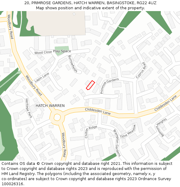 20, PRIMROSE GARDENS, HATCH WARREN, BASINGSTOKE, RG22 4UZ: Location map and indicative extent of plot