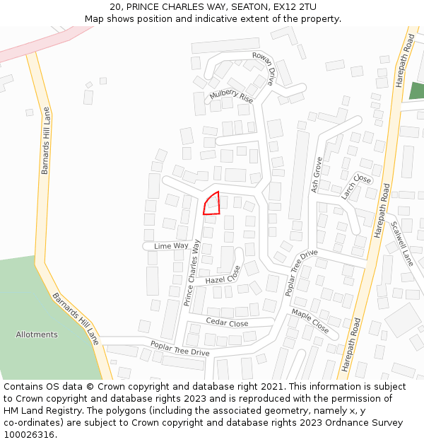 20, PRINCE CHARLES WAY, SEATON, EX12 2TU: Location map and indicative extent of plot
