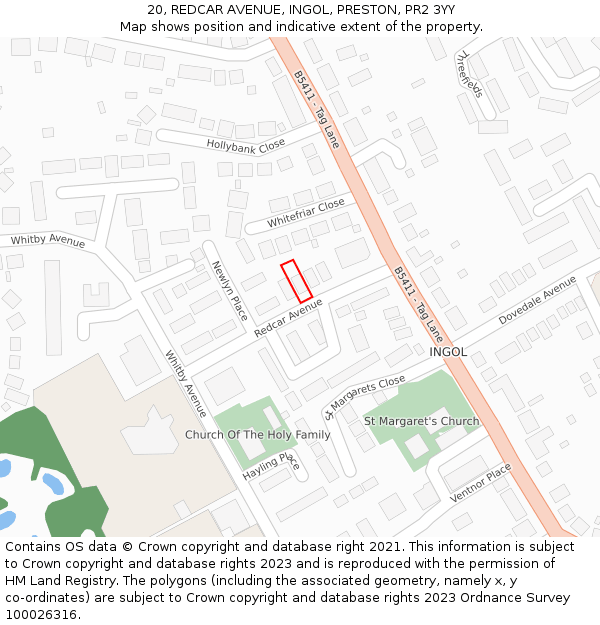 20, REDCAR AVENUE, INGOL, PRESTON, PR2 3YY: Location map and indicative extent of plot