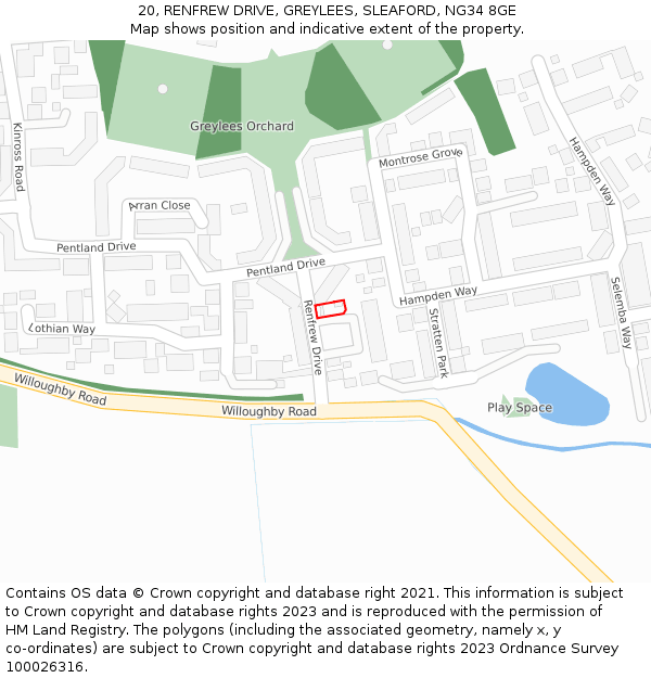 20, RENFREW DRIVE, GREYLEES, SLEAFORD, NG34 8GE: Location map and indicative extent of plot