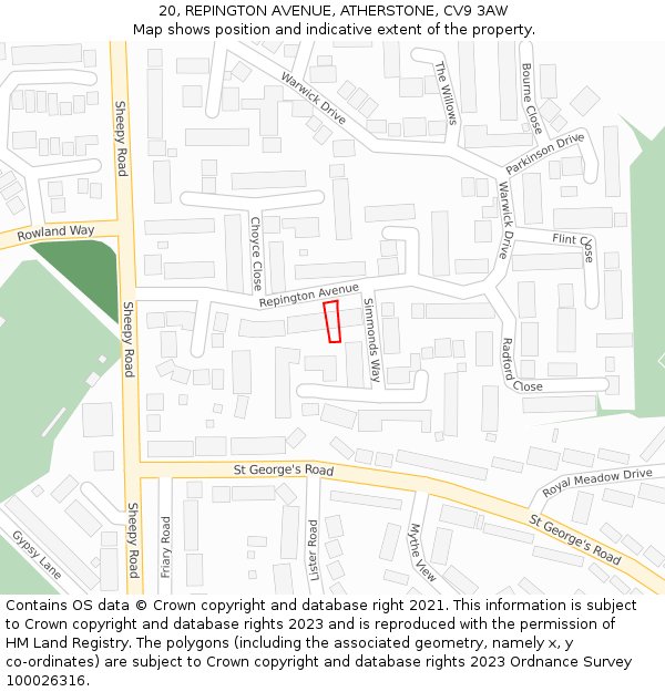 20, REPINGTON AVENUE, ATHERSTONE, CV9 3AW: Location map and indicative extent of plot